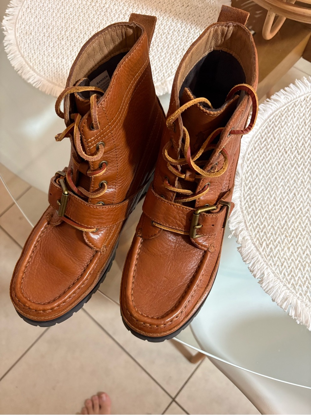 Ralph Lauren Tan Leather Moc Toe Lace-Up Boots with Buckle